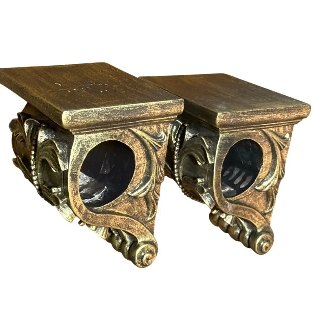 Vintage Gold Ornate Curtain Rod Brackets Pair Hollywood Regency Drapery Holders